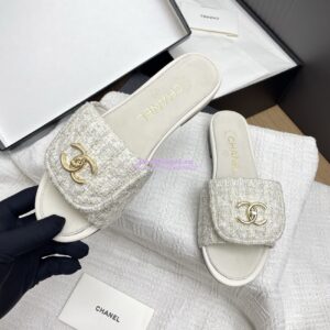 Replica Chanel 25P Tweed CC Lock Logo Sandals G46119 Ivory 2