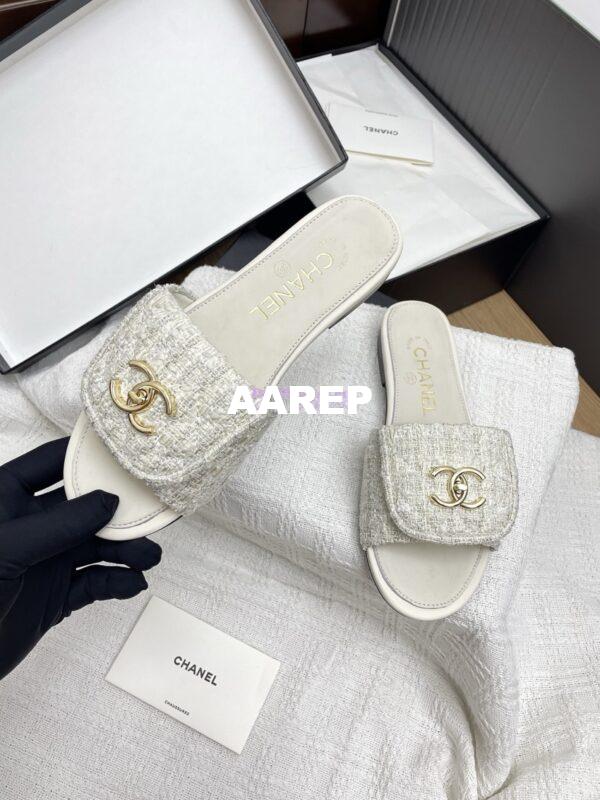 Replica Chanel 25P Tweed CC Lock Logo Sandals G46119 Ivory 4