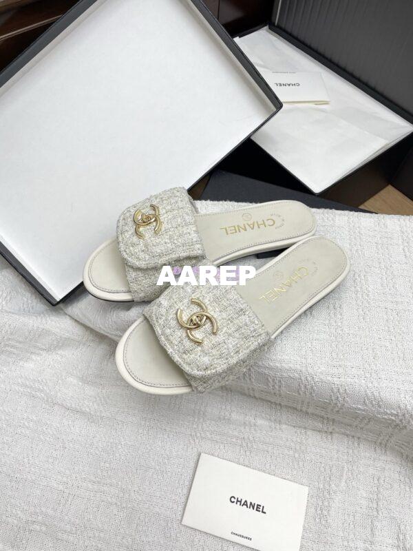 Replica Chanel 25P Tweed CC Lock Logo Sandals G46119 Ivory 11