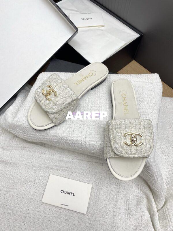 Replica Chanel 25P Tweed CC Lock Logo Sandals G46119 Ivory 12