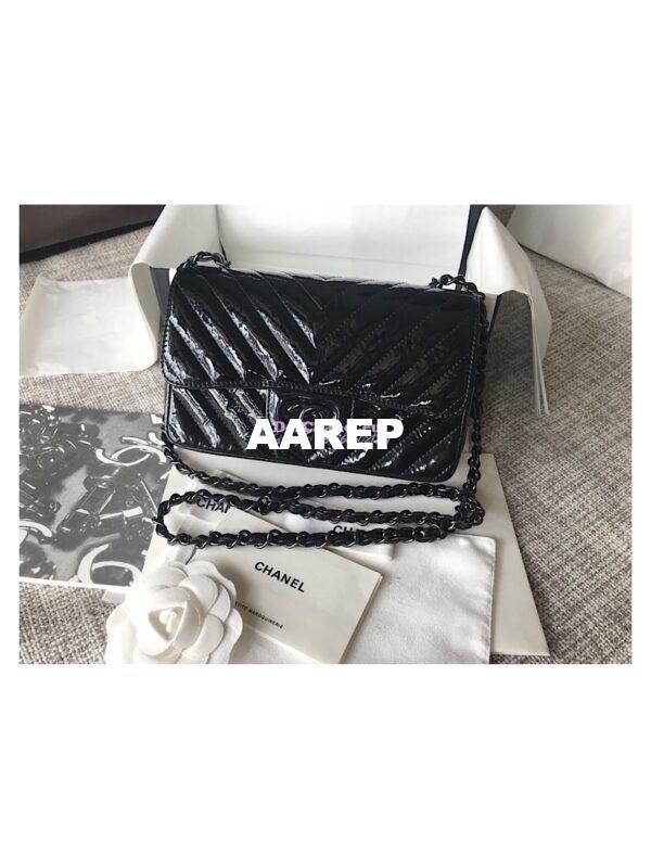 Replica Chanel Chevron Small Flap Bag So Black Patent Calfskin 3