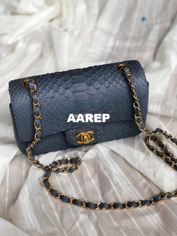 Replica Chanel Python Small 20cm Classic Flap Bag Grey 12
