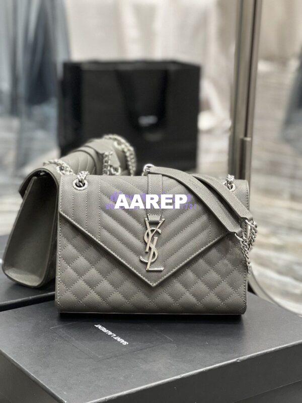 Replica YSL Saint Laurent Medium Envelope Bag In Mix Matelassé Grain De Poudre Embossed Leather 487206 Grey in Silver Hardware 3