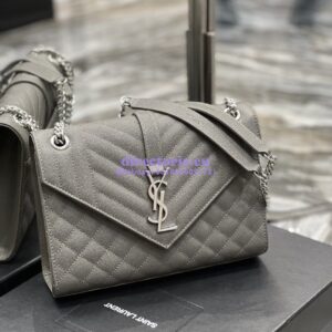 Replica YSL Saint Laurent Medium Envelope Bag In Mix Matelassé Grain De Poudre Embossed Leather 487206 Grey in Silver Hardware 2