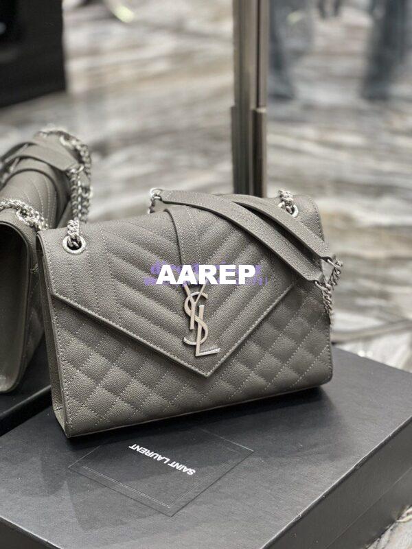Replica YSL Saint Laurent Medium Envelope Bag In Mix Matelassé Grain De Poudre Embossed Leather 487206 Grey in Silver Hardware 4