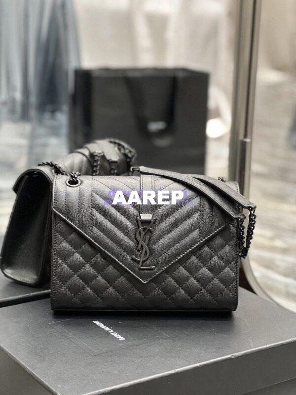 Replica YSL Saint Laurent Medium Envelope Bag In Mix Matelassé Grain De Poudre Embossed Leather 487206 Black in Black Hardware