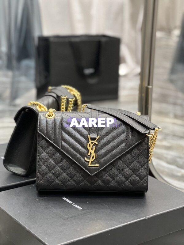 Replica YSL Saint Laurent Medium Envelope Bag In Mix Matelassé Grain De Poudre Embossed Leather 487206 Black in Gold Hardware
