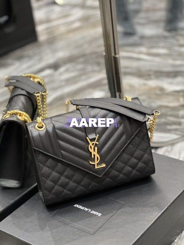 Replica YSL Saint Laurent Medium Envelope Bag In Mix Matelassé Grain De Poudre Embossed Leather 487206 Black in Gold Hardware 2