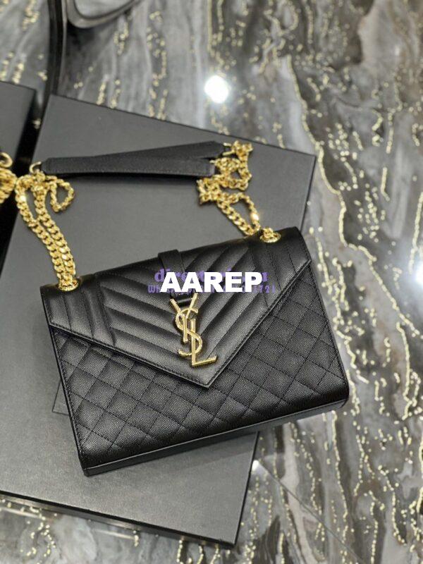 Replica YSL Saint Laurent Medium Envelope Bag In Mix Matelassé Grain De Poudre Embossed Leather 487206 Black in Gold Hardware 3