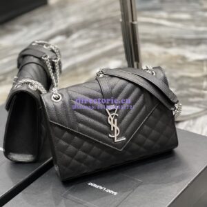 Replica YSL Saint Laurent Medium Envelope Bag In Mix Matelassé Grain De Poudre Embossed Leather 487206 Black in Silver Hardware 2