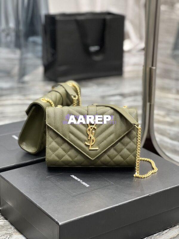 Replica Ysl Envelope Small Bag In Mix Matelasse Grain De Poudre Embossed Leather 526286 Olive Green 2