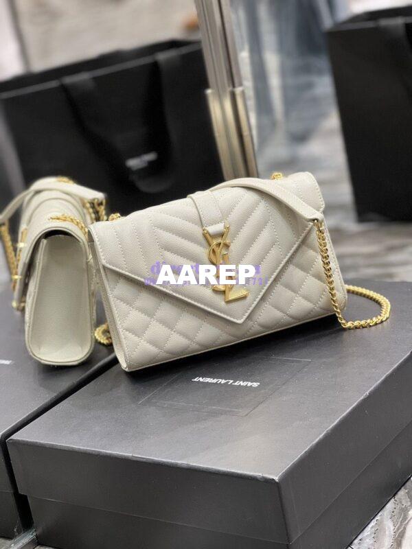 Replica Ysl Envelope Small Bag In Mix Matelasse Grain De Poudre Embossed Leather 526286 White Ghw 4