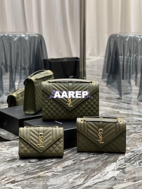 Replica YSL Saint Laurent Envelope Large Bag In Mix Matelasse Grain De Poudre Embossed Leather 487198 Olive Green with Gold Hardware 3