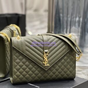 Replica YSL Saint Laurent Envelope Large Bag In Mix Matelasse Grain De Poudre Embossed Leather 487198 Olive Green with Gold Hardware 2