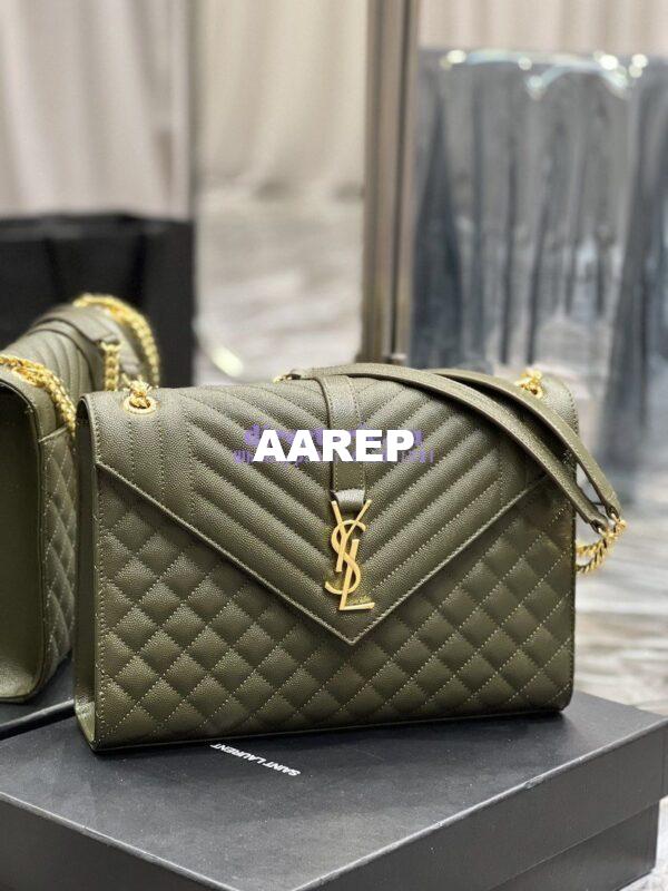 Replica YSL Saint Laurent Envelope Large Bag In Mix Matelasse Grain De Poudre Embossed Leather 487198 Olive Green with Gold Hardware 4
