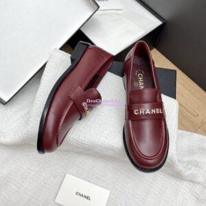 Replica Chanel 25SS Logo Rhinestones Calfskin Moccasins Loafer G37433 Burgundy 2