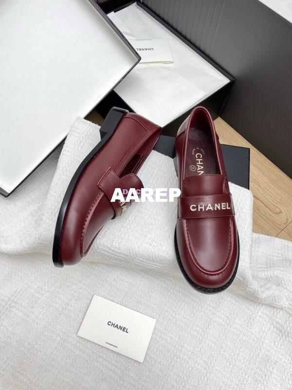 Replica Chanel 25SS Logo Rhinestones Calfskin Moccasins Loafer G37433 Burgundy 4