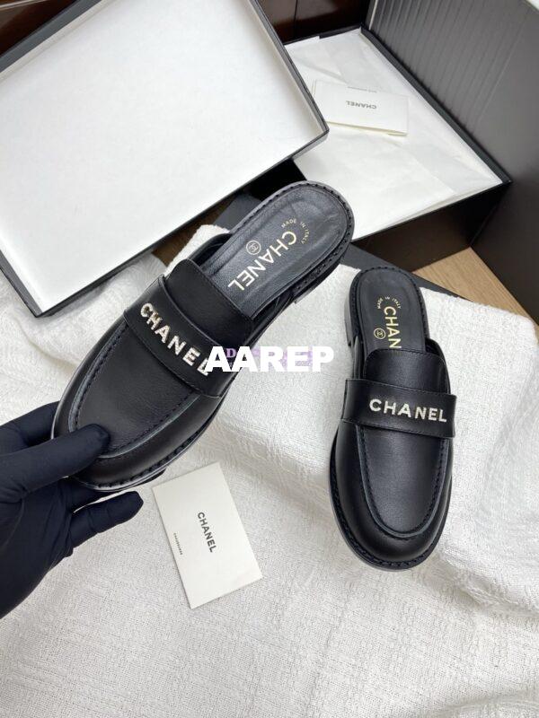 Replica CHANEL 25SS LOGO RHINESTONES CALFSKIN MULES G37432 BLACK 4
