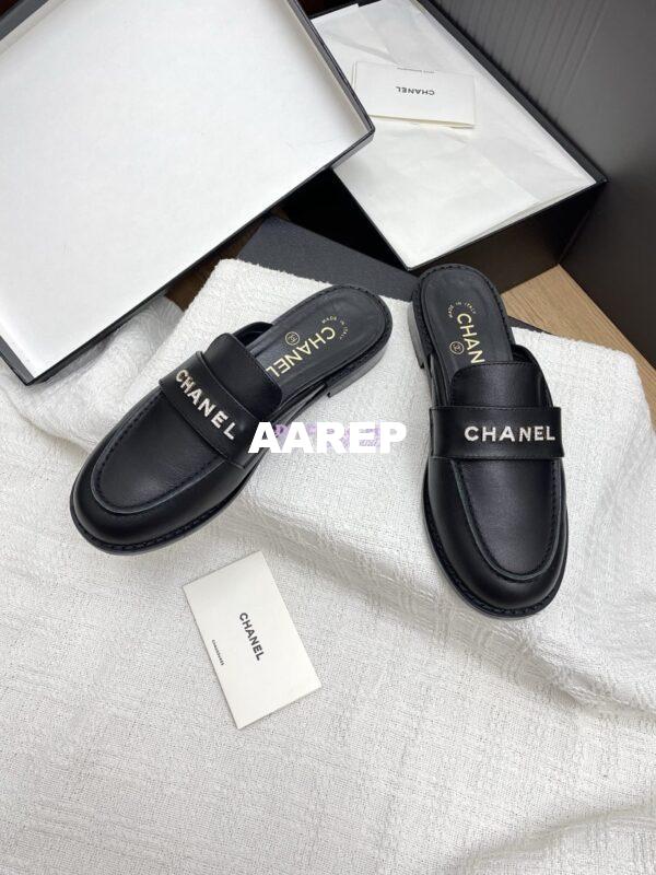 Replica CHANEL 25SS LOGO RHINESTONES CALFSKIN MULES G37432 BLACK 5