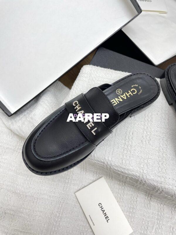 Replica CHANEL 25SS LOGO RHINESTONES CALFSKIN MULES G37432 BLACK 6