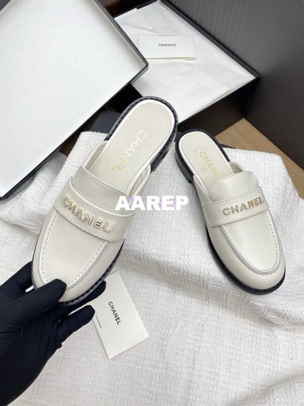 Replica CHANEL 25SS LOGO RHINESTONES CALFSKIN MULES G37432 WHITE 5