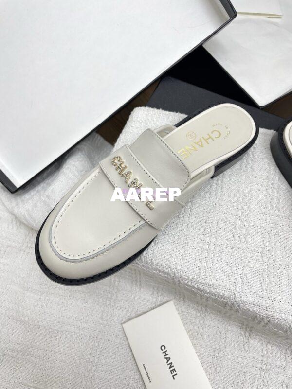 Replica CHANEL 25SS LOGO RHINESTONES CALFSKIN MULES G37432 WHITE 6