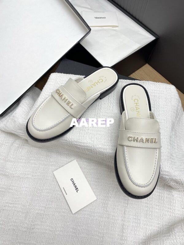 Replica CHANEL 25SS LOGO RHINESTONES CALFSKIN MULES G37432 WHITE 8