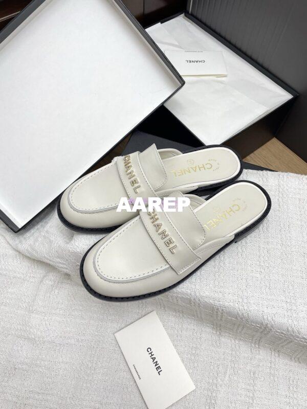 Replica CHANEL 25SS LOGO RHINESTONES CALFSKIN MULES G37432 WHITE 9