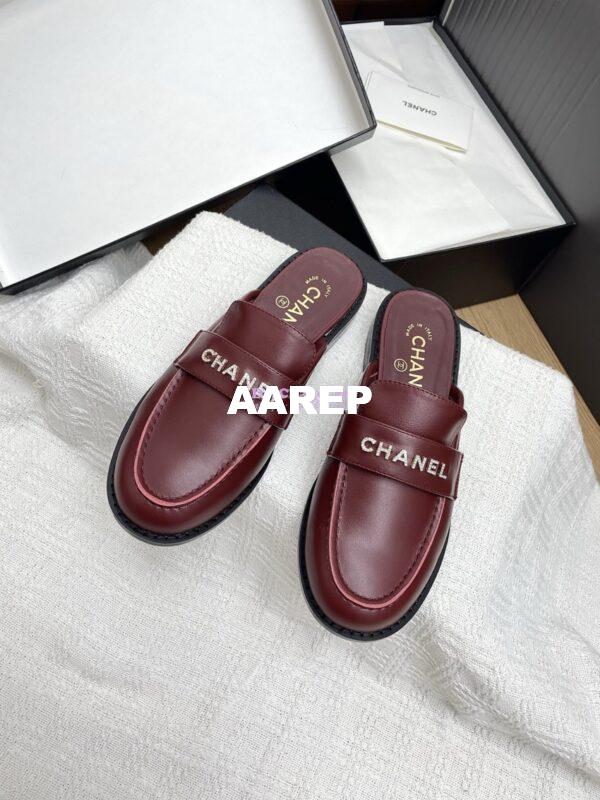 Replica CHANEL 25SS LOGO RHINESTONES CALFSKIN MULES G37432 BURGUNDY