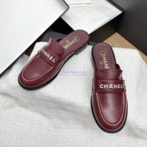 Replica CHANEL 25SS LOGO RHINESTONES CALFSKIN MULES G37432 BURGUNDY 2