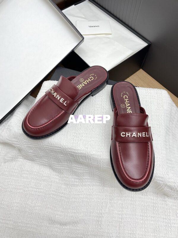 Replica CHANEL 25SS LOGO RHINESTONES CALFSKIN MULES G37432 BURGUNDY 2