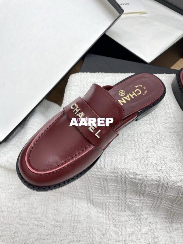 Replica CHANEL 25SS LOGO RHINESTONES CALFSKIN MULES G37432 BURGUNDY 4