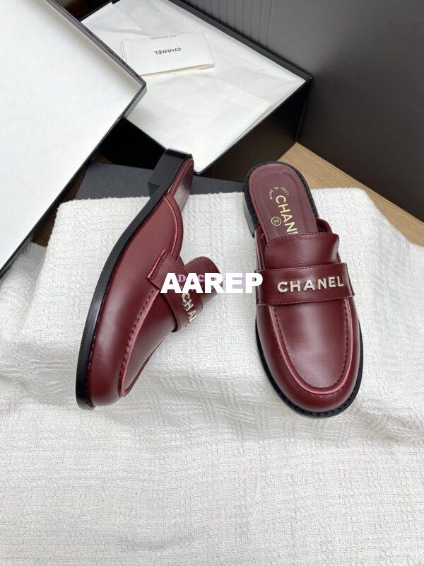 Replica CHANEL 25SS LOGO RHINESTONES CALFSKIN MULES G37432 BURGUNDY 6