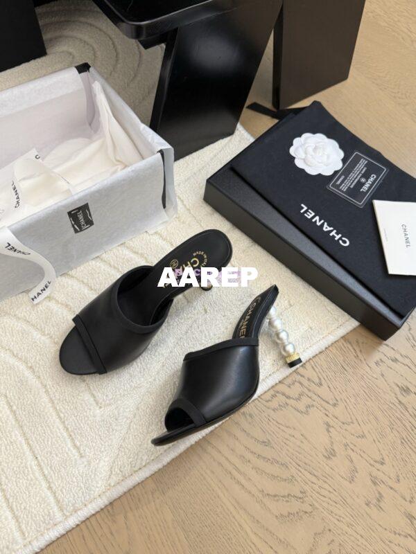 Replica Chanel Lambskin and Grossgrain Mules with Peals Heel 8.5cm G46350 Black 5
