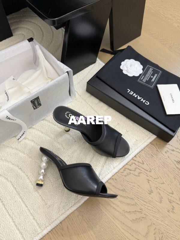Replica Chanel Lambskin and Grossgrain Mules with Peals Heel 8.5cm G46350 Black 10