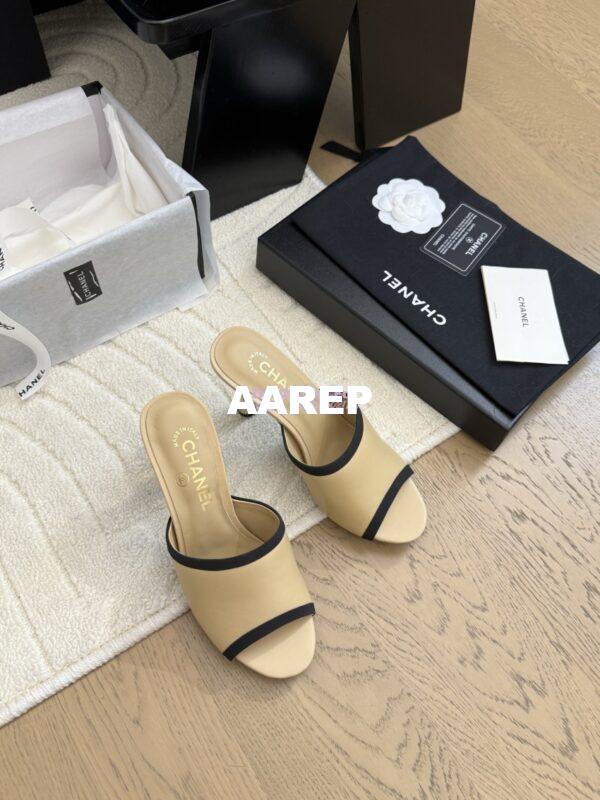 Replica Chanel Lambskin and Grossgrain Mules with Pearls Heel 8.5cm G46350 Beige 3