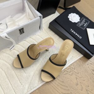 Replica Chanel Lambskin and Grossgrain Mules with Pearls Heel 8.5cm G46350 Beige 2