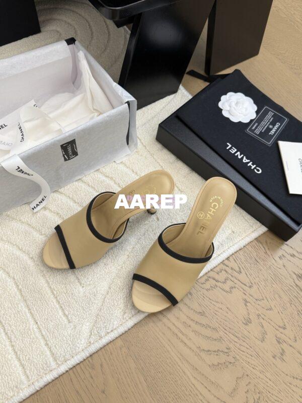 Replica Chanel Lambskin and Grossgrain Mules with Pearls Heel 8.5cm G46350 Beige 4
