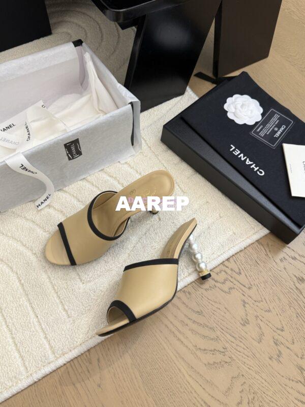 Replica Chanel Lambskin and Grossgrain Mules with Pearls Heel 8.5cm G46350 Beige 5