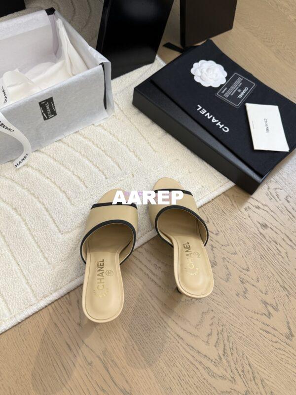 Replica Chanel Lambskin and Grossgrain Mules with Pearls Heel 8.5cm G46350 Beige 7