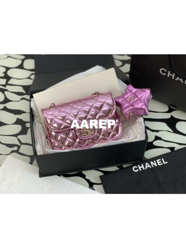 Replica Chanel Mini Flap Bag & Star Coin Purse in Mirror Calfskin Metallic Calfskin AS4647 Pink