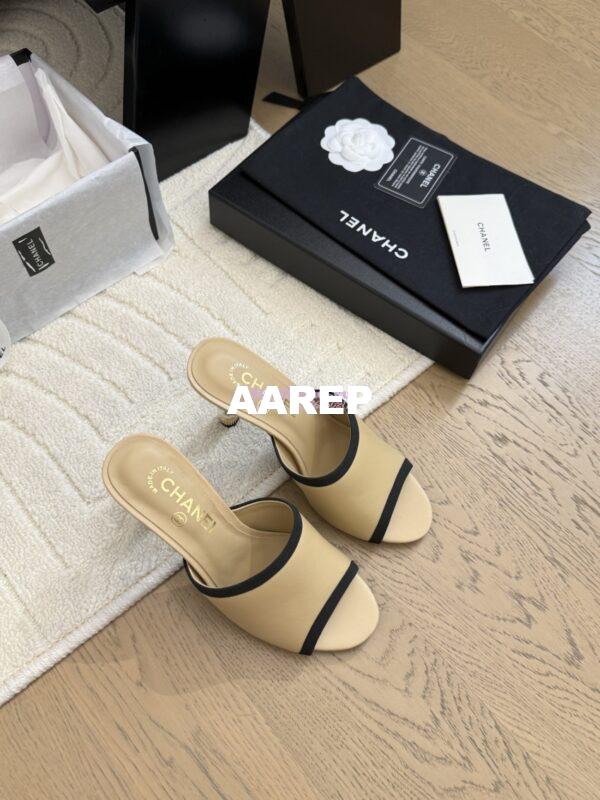 Replica Chanel Lambskin and Grossgrain Mules with Pearls Heel 8.5cm G46350 Beige 8