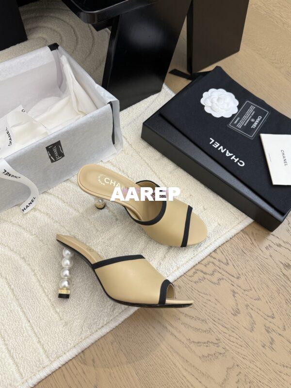 Replica Chanel Lambskin and Grossgrain Mules with Pearls Heel 8.5cm G46350 Beige 9