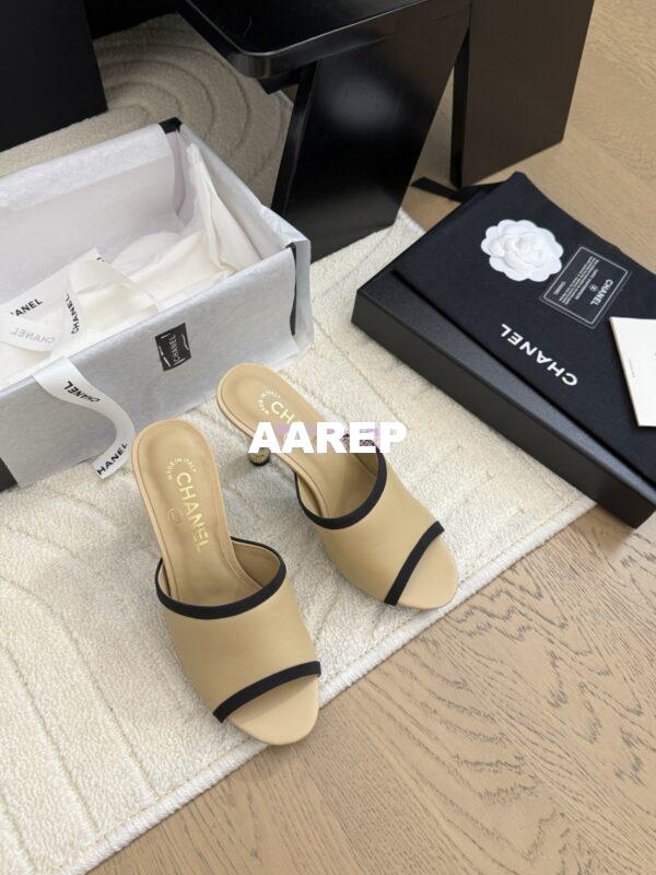 Replica Chanel Lambskin and Grossgrain Mules with Pearls Heel 8.5cm G46350 Beige 10