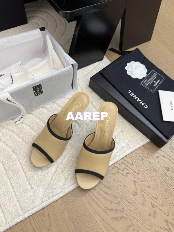 Replica Chanel Lambskin and Grossgrain Mules with Pearls Heel 8.5cm G46350 Beige 11