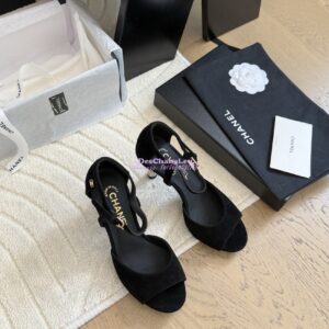 Replica Chanel 25SS Velvet and Lambskin Sandals with Pearls Heel 8.5cm G46168 Black