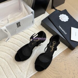 Replica Chanel 25SS Velvet and Lambskin Sandals with Pearls Heel 8.5cm G46168 Black 2