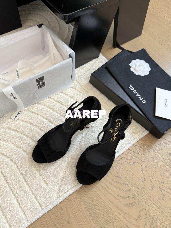 Replica Chanel 25SS Velvet and Lambskin Sandals with Pearls Heel 8.5cm G46168 Black 4