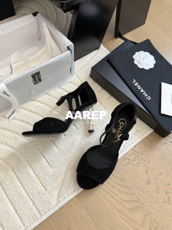 Replica Chanel 25SS Velvet and Lambskin Sandals with Pearls Heel 8.5cm G46168 Black 5