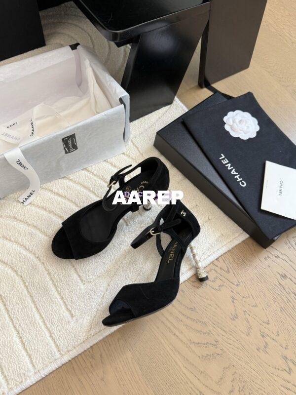 Replica Chanel 25SS Velvet and Lambskin Sandals with Pearls Heel 8.5cm G46168 Black 7